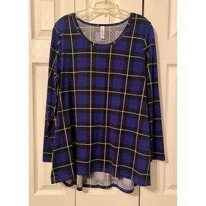 LuLaRoe Blue Black Plaid Long Sleeve Round Neck Checkered Womens Shirt Size 2XL